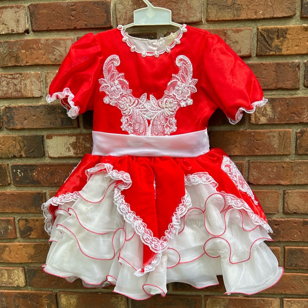 Vintage Baby Girls 90s White & Red Ruffle Lace and Tiered Frilly Lace Dress - Picture 3 of 14